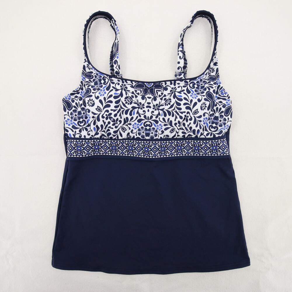 Lands End Tankini Top Swimsuit Swim Blue White Pattern Scoop Neck Underwire 4 - Picture 2 of 10